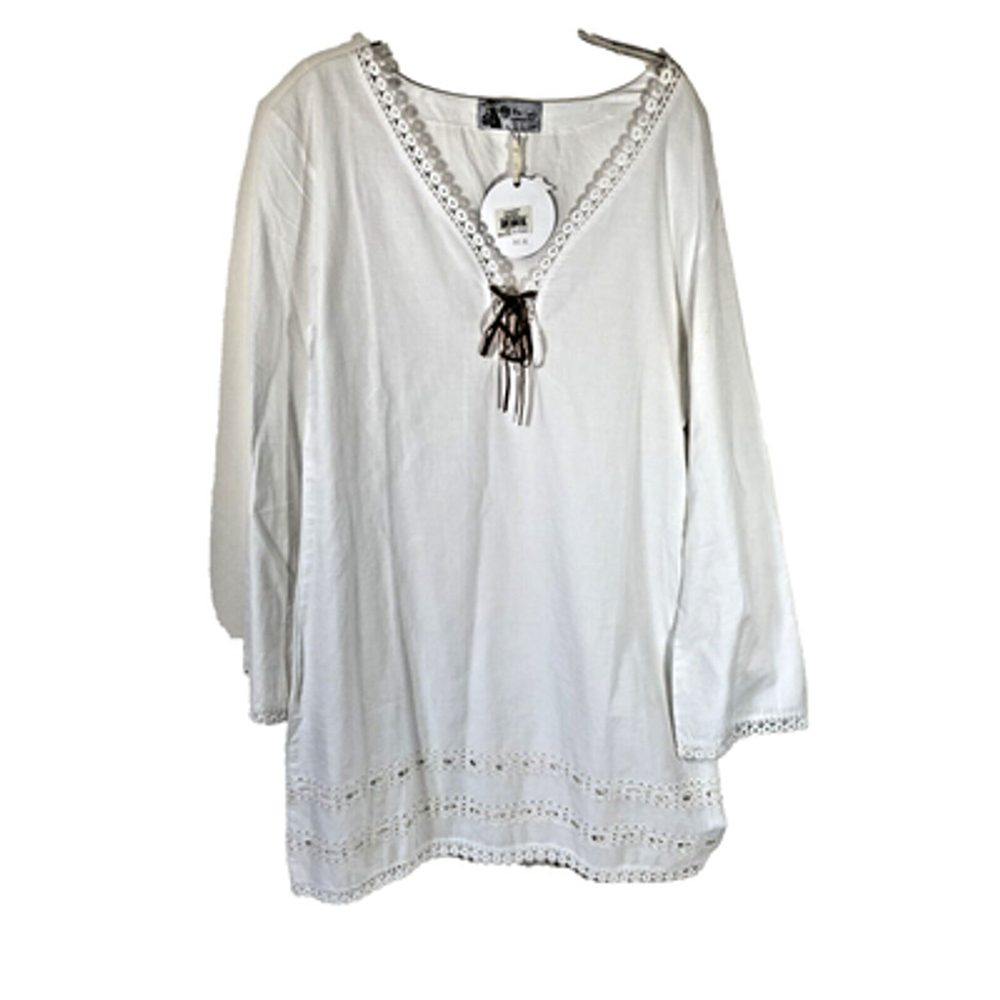 NWT Mud Pie Tunic Cover Up Women's Sz S White Embroidered Crochet Long Sleeve